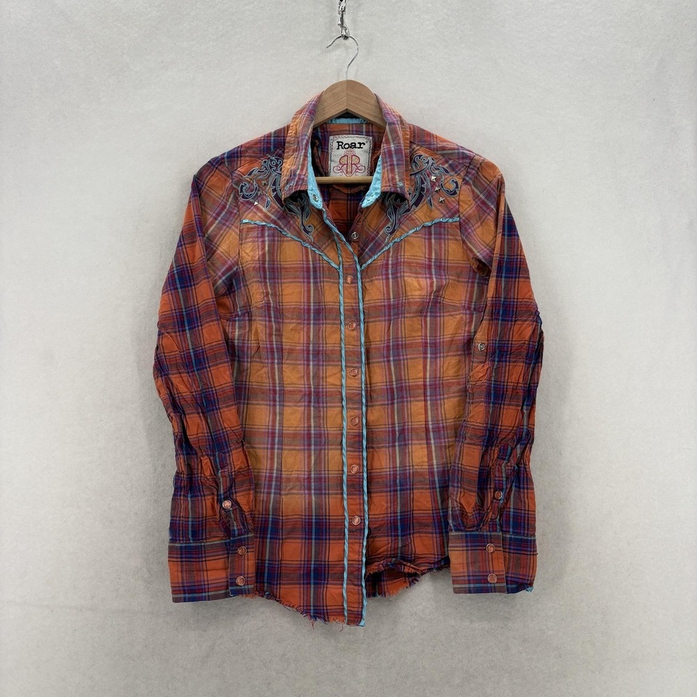 Roar Shirt Womens Medium Orange Plaid Snap Button Long Sleeve Western Studded